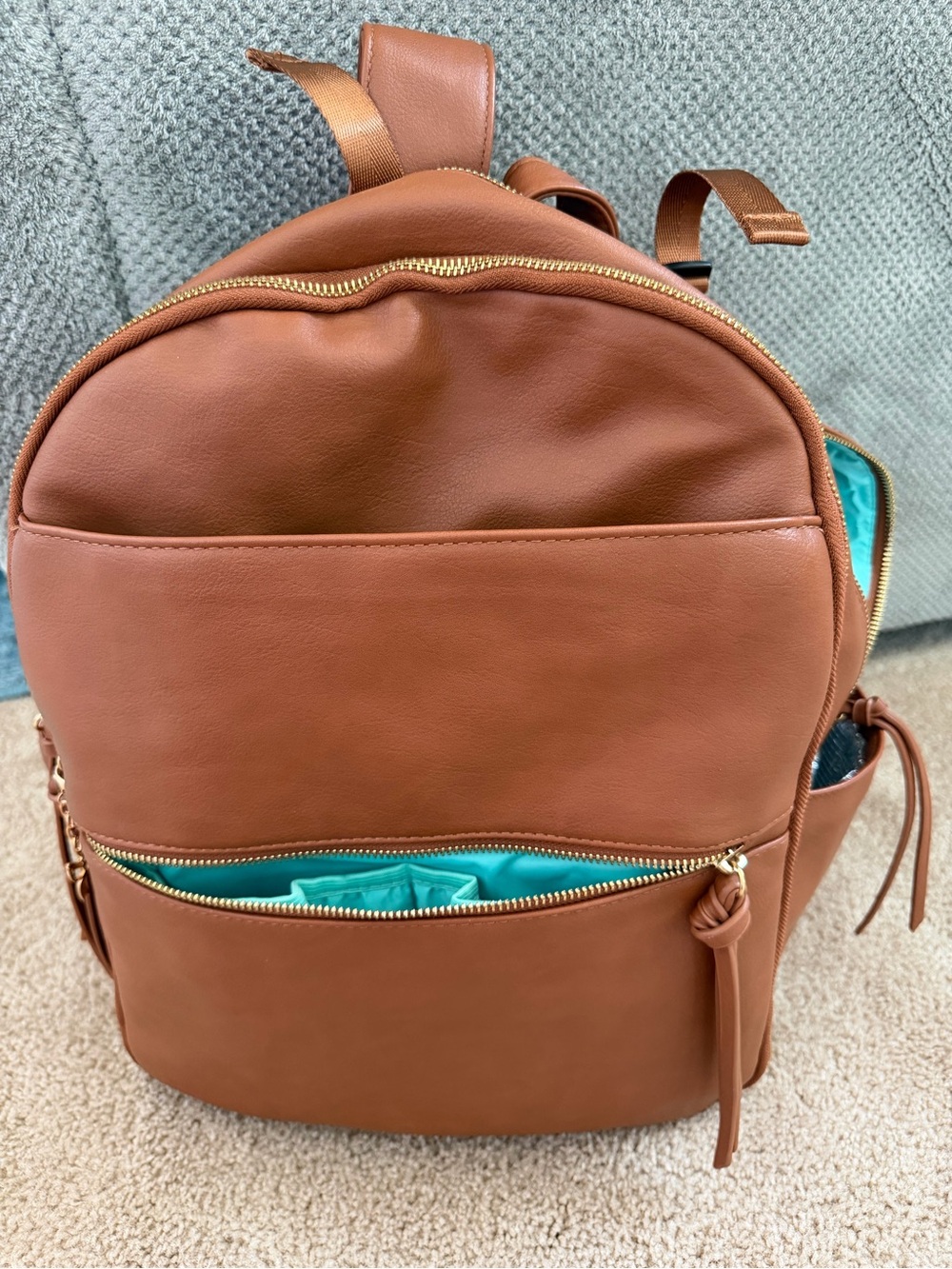 Brown Faux Leather Backpack with Teal Interior